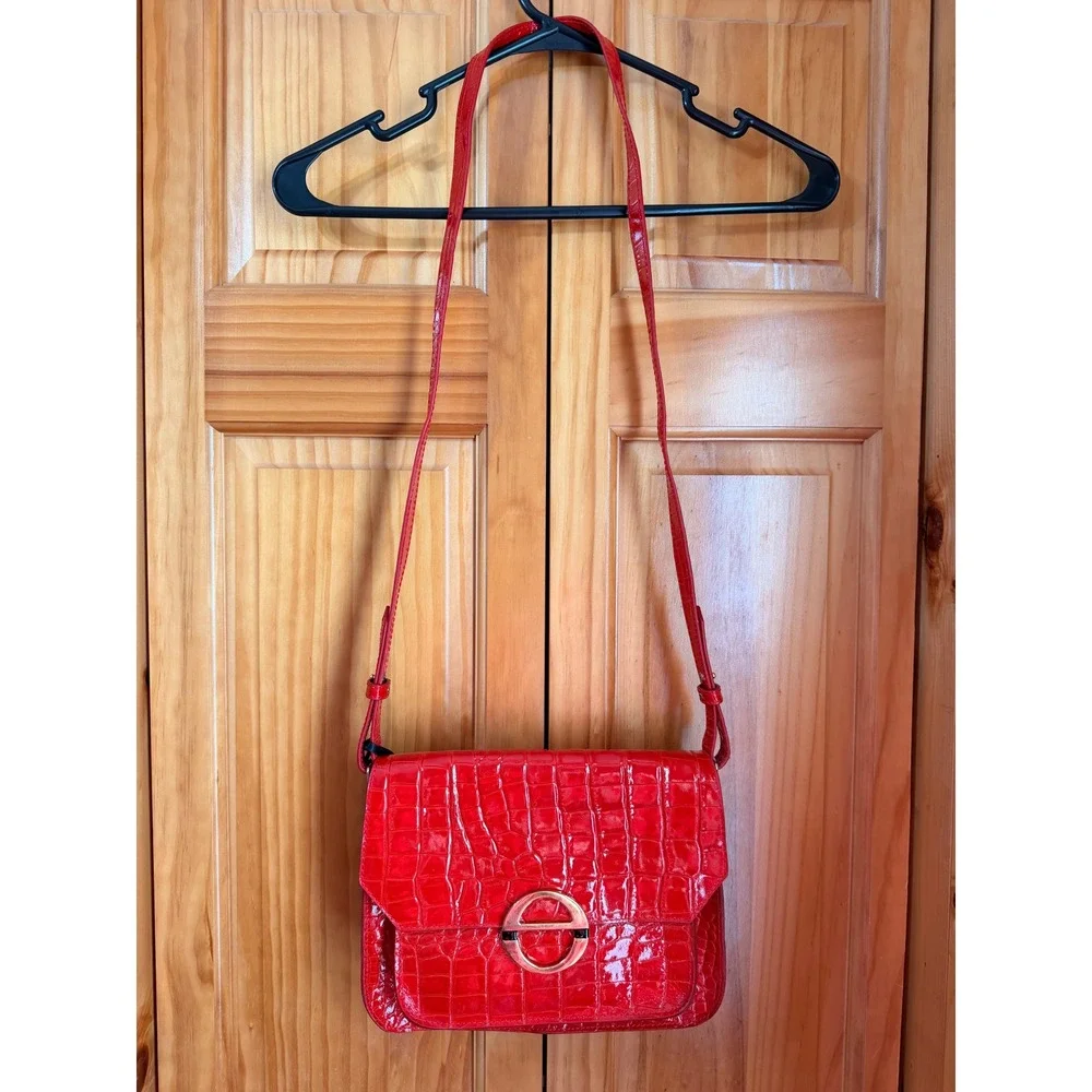 Estelle Veronique Red Croc Embossed Leather Crossbody Bag Made in Italy